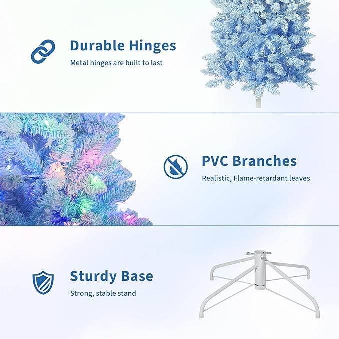 GarveeHome 7.5ft Snow Flocked Pencil Christmas Tree, Slim Artificial Christmas Tree with Sturdy Metal Stand, Skinny Xmas Tree Holiday Decoration for Home, Office, Blue Gradient