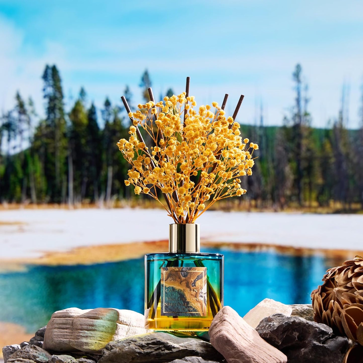 COCORRÍNA Reed Diffuser - Yellowstone National Park 6.7 Fl.oz Reed Diffuser Set with 8 Sticks & Preserved Baby's Breath, Reed Diffuser for Home Bathroom Shelf Decor