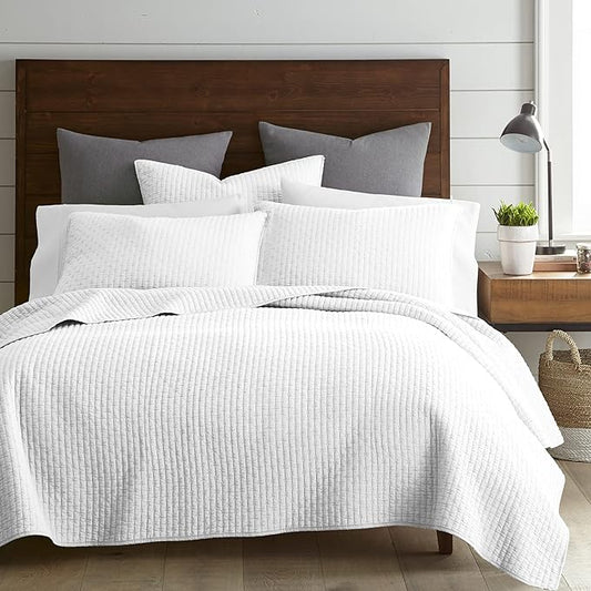 Levtex Home Cross Stitch Reversible Twin XL/Twin Quilt Set (68x86in) with 1 Pillow Sham (26x20in) - Stitch Texture - Bright White - Cotton Twin Size Quilt Bedding Set - Lightweight, Soft, Pre-Washed