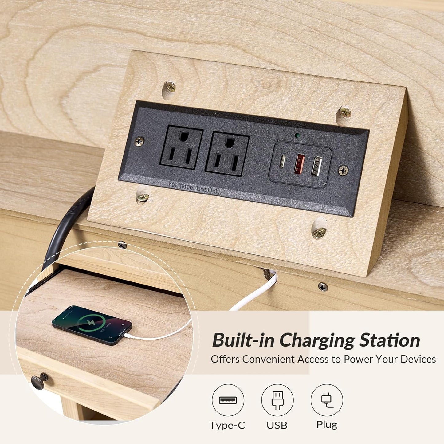 HULALA HOME Wood Nightstand with Tray and Storage Shelves, Traditional Design with Roman Column, End Table with Charging Station/LED, Natural