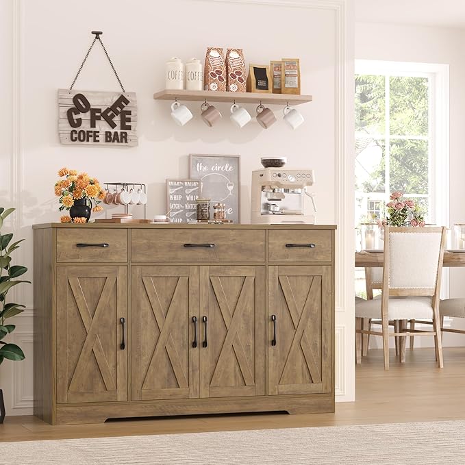 HOSTACK Buffet Sideboard Cabinet with Drawers, 55" Large Buffet Storage Cabinet with Shelves and Doors, Modern Farmhouse Coffee Bar Station Wood Kitchen Table for Kitchen, Dining Room, Rustic Brown