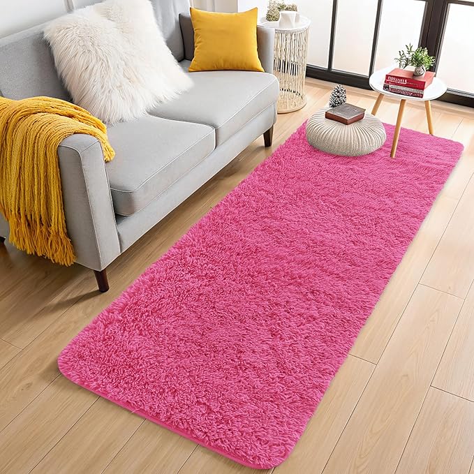 OLANLY 2x6 Machine Washable Runner Rugs for Hallway, Soft Fluffy Shaggy Bedside Rugs for Bedroom, Living Room, Indoor Floor Carpet for Kids Girls Boys, Nursery Rooms, Home Decor Aesthetic, Hot Pink