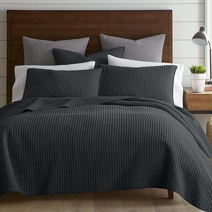 Levtex Home Cross Stitch Reversible Twin XL/Twin Quilt Set (68x86in) and 1 Pillow Sham (26x20in) - Stitch Texture - Charcoal - 0 Cotton Twin/Twin Size Quilt Bedding Set - Lightweight Soft Pre-Washed