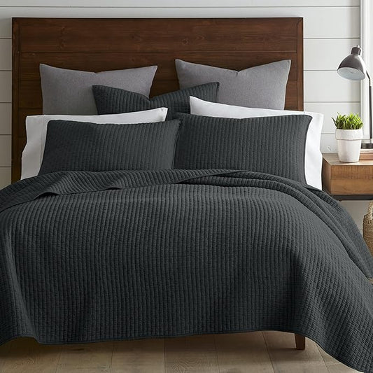 Levtex Home Cross Stitch Reversible Twin XL/Twin Quilt Set (68x86in) and 1 Pillow Sham (26x20in) - Stitch Texture - Charcoal - 0 Cotton Twin/Twin Size Quilt Bedding Set - Lightweight Soft Pre-Washed
