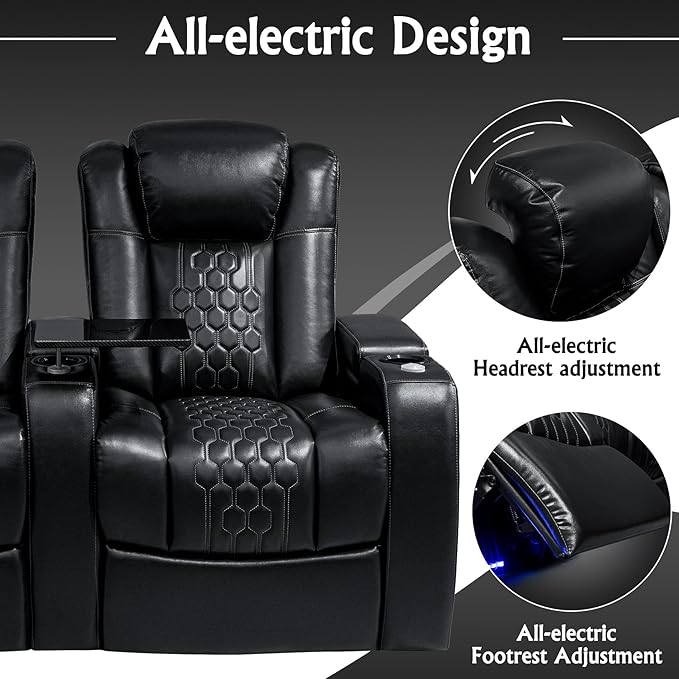 Home Theater Seating, Living Room, Heat & Massage, Powered Headrest, Powered Lumbar, Italian Leather, Powered Recline, Single Recliner (Black, Row of 4 Loveseat Middle)