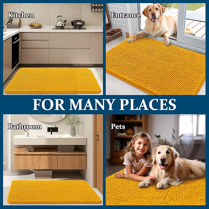 OLANLY Dog Door Mat for Muddy Paws 36x24, Absorbs Moisture and Dirt, Absorbent Non-Slip Washable Doormat, Quick Dry Chenille Mud Mat, Entry Indoor Entryway Carpet for Inside Floor, Golden Yellow