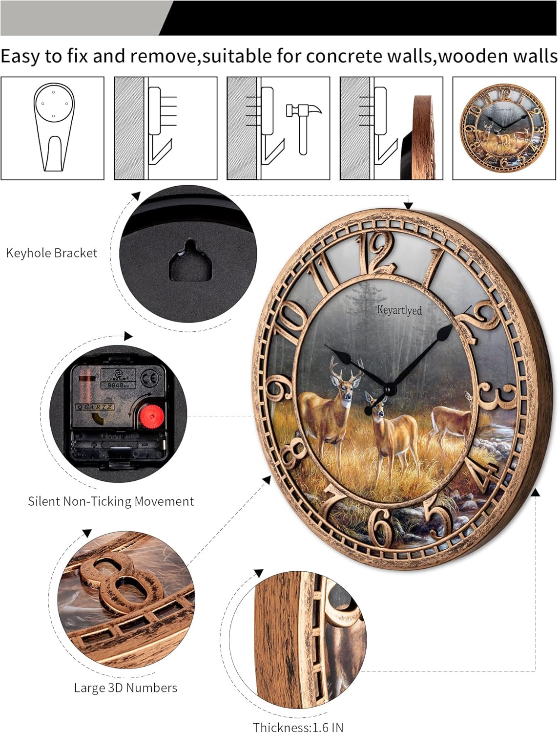 Round Wall Clock Farmhouse Plastic Deer Clock Battery Operated Silent Non-Ticking Rustic Clock 12 Inch for Home Kitchen Living Room Bedroom Office Decor (Antique Copper)