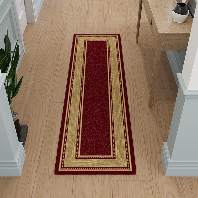 Ottomanson Hallway Runner Rug 1'10" x 7' Non Slip Border Area Rugs Easy to Clean Laundry Rug Runner Durable & Pet Friendly Floor Carpet Runners for Hallways Entryway Living Room Kitchen Bathroom, Red