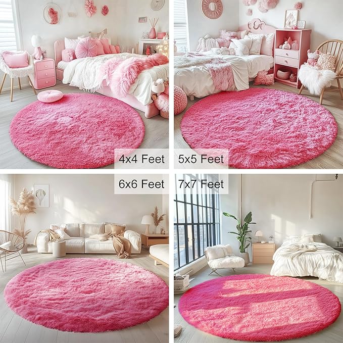 OLANLY Hot Pink Round Rugs for Bedroom - Machine Washable, 4 ft Circle Area Rugs for Living Room, Soft and Fluffy Shaggy Carpet for Teen Girls and Boys, Nursery Rooms, Dorms, Home Decor Aesthetic