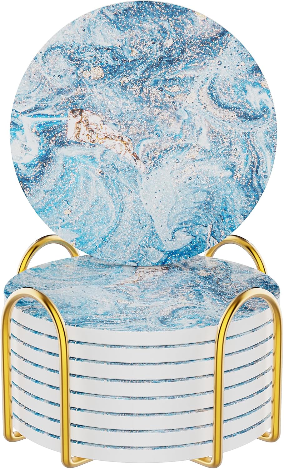 Coasters for Drinks Set of 8, Absorbent Starry Sky Marble with Metal Golden Holder, Ceramic Coaster Set Cup Mat for Home Decor, Bar, Kitchen, Party