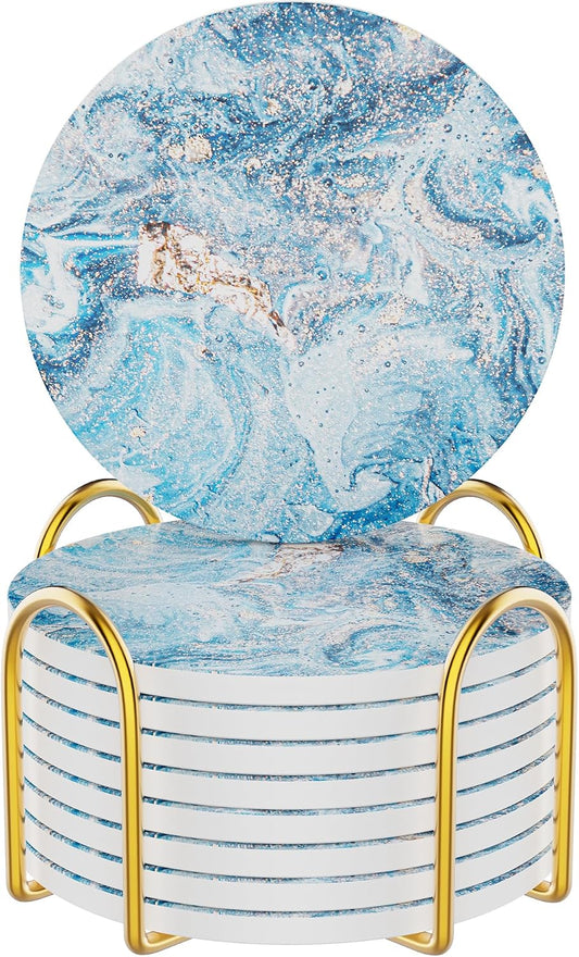 Coasters for Drinks Set of 8, Absorbent Starry Sky Marble with Metal Golden Holder, Ceramic Coaster Set Cup Mat for Home Decor, Bar, Kitchen, Party