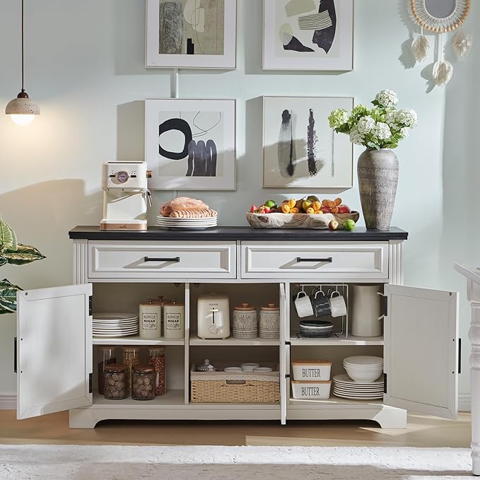 JXQTLINGMU 55" Large Buffet Sideboard Cabinet with 3 Doors and 2 Drawers, Buffet Table Coffee Bar Wine Bar Storage Cabinet for Dining Room, Living Room, Off White