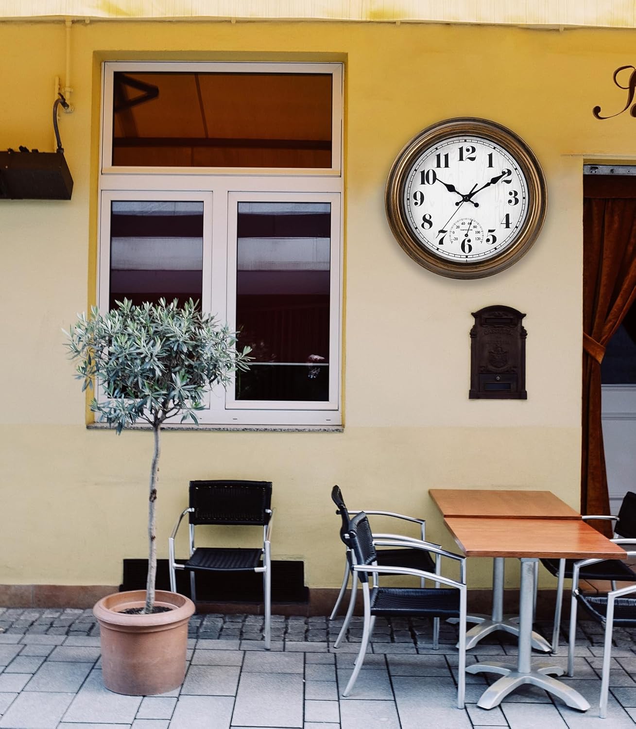 45MinST 12 Inch Indoor/Outdoor Retro Round Waterproof Wall Clock with Thermometer, Silent Non-Ticking Battery Operated Quality Quartz Wall Clock Home/Patio Decor(Bronze)