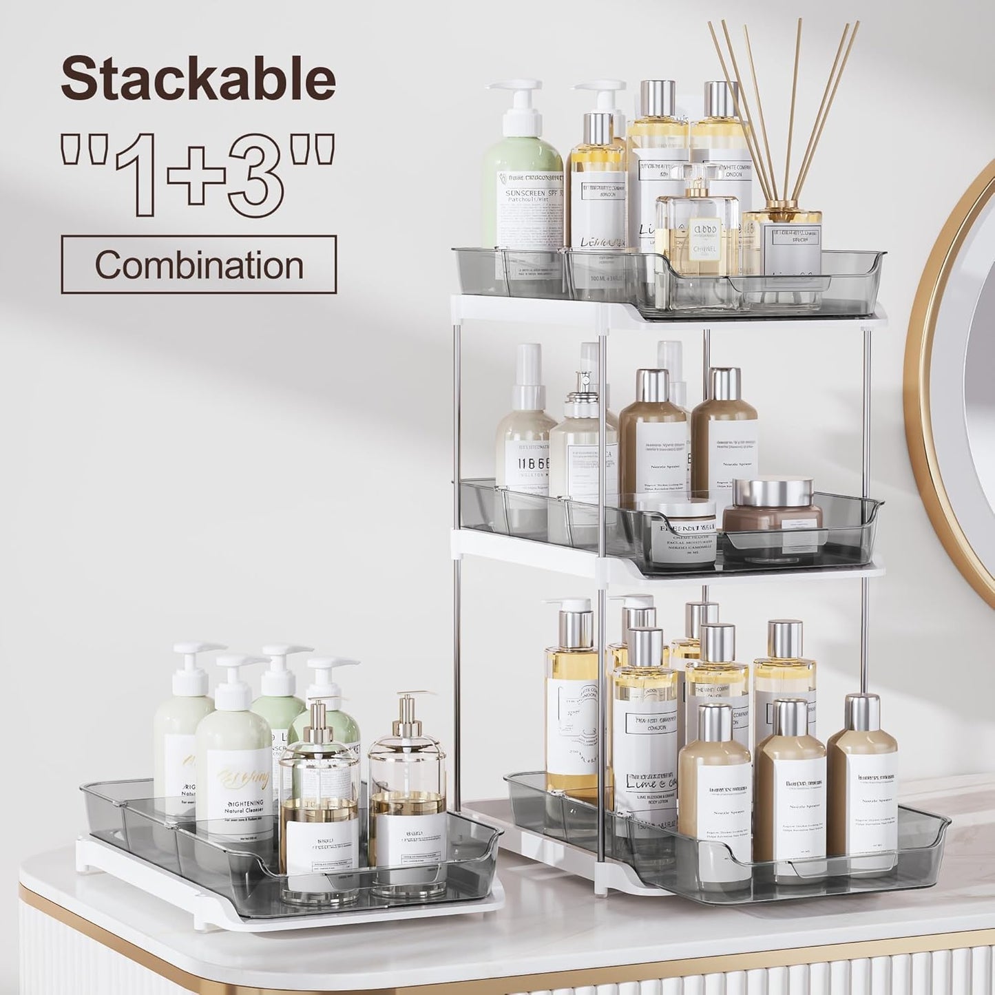 Delamu 2 Sets of 2-Tier Multi-Purpose Bathroom Under Sink Organizers and Storage, Stackable Kitchen Pantry Organization, Pull Out Medicine Cabinet Organizer with 8 Movable Dividers, Grey