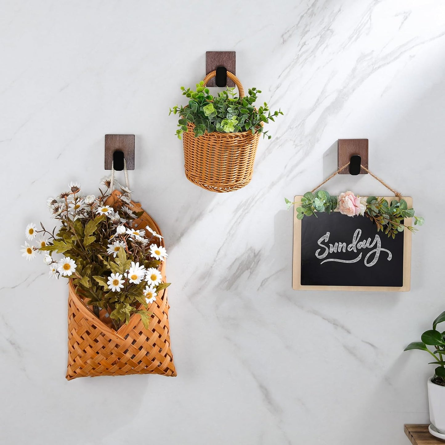 DELITON Adhesive Towel Hooks,Wall Hooks for bathrooms Without Drilling, Wood Wall Hooks for Hanging Robe, Towel, Bag Stick on Farmhouse Bathroom Bedroom Entryway 4 Packs Burned Brown