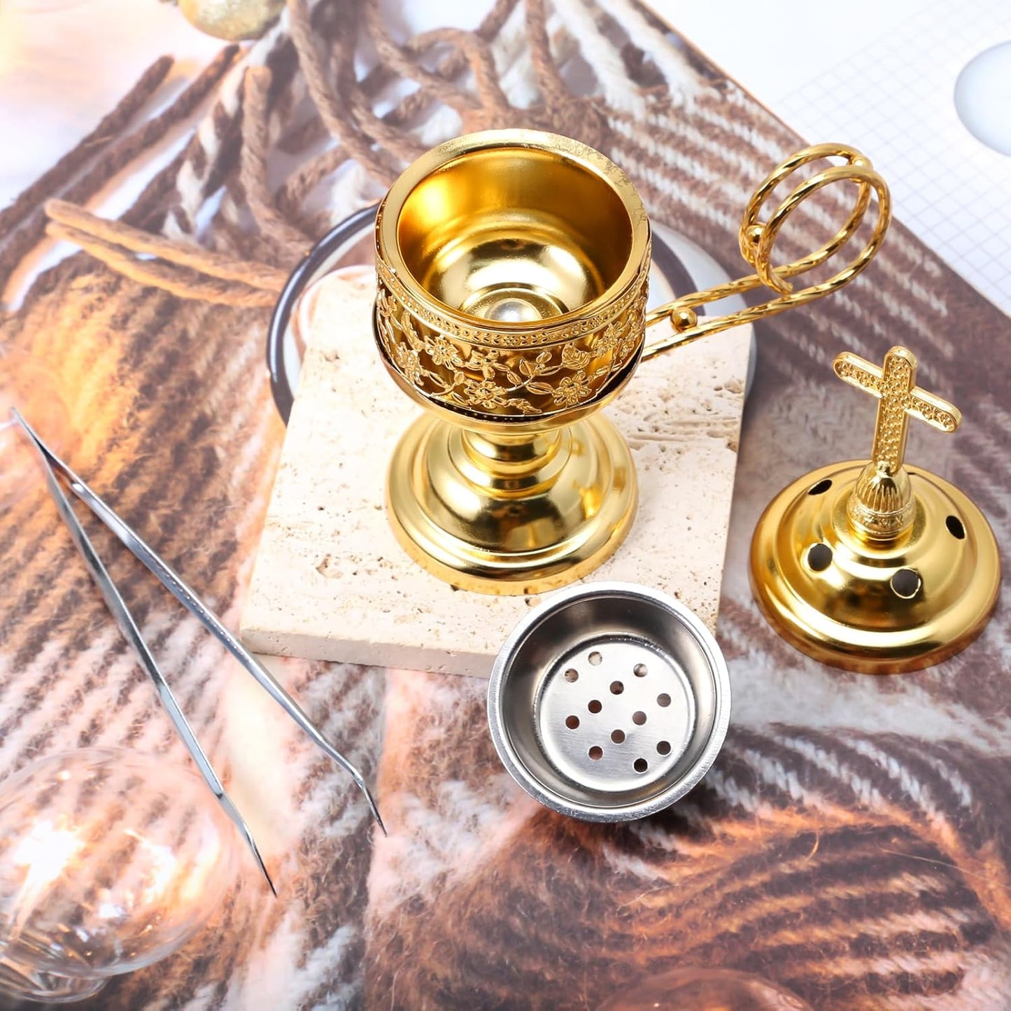 Yawlsow Incense Burner, Frankincense Charcoal Incense Stand, Bakhoor Incense Burner Holder, Ideal for Aromatherapy, Yoga and Spa, Home and Christian Church Censer, (Gold)