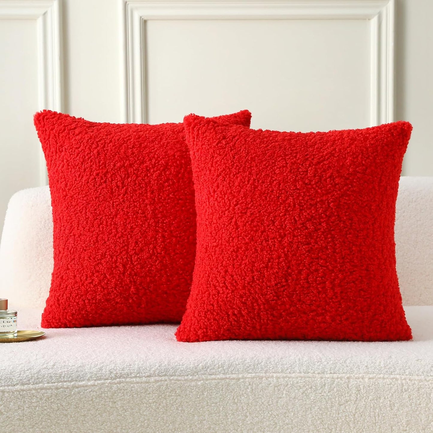 FUTEI Red Throw Pillow Covers 18x18 Inch Set of 2,Furry Faux Fur Teddy Boucle Textured Cushion Covers,Soft Fluffy Decorative Pillow Case,Home Decor for Couch Bed Living Room Office Car