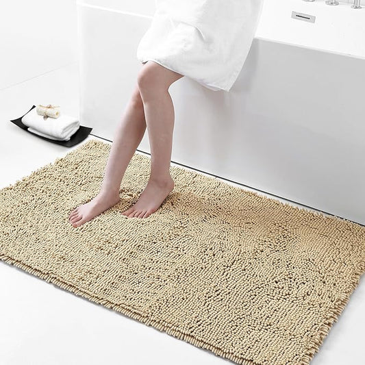 Smiry Luxury Chenille Bathroom Rugs 44x24, Extra Soft and Absorbent Shaggy Bath Mat, Machine Washable, Non-Slip Plush Carpet Runner for Tub, Shower, and Floor, Home Decor Accessories, Beige