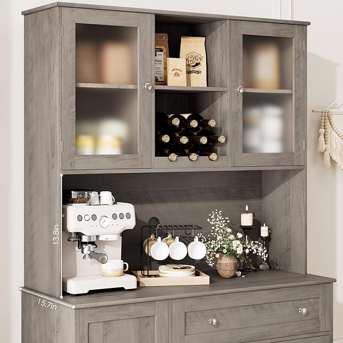 HOSTACK Kitchen Pantry Storage Cabinet with Hutch, Tall Kitchen Hutch with Microwave Stand, Food Pantry Cabinet with Doors and Shelves | Wine Rack for Dining Room, Ash Grey