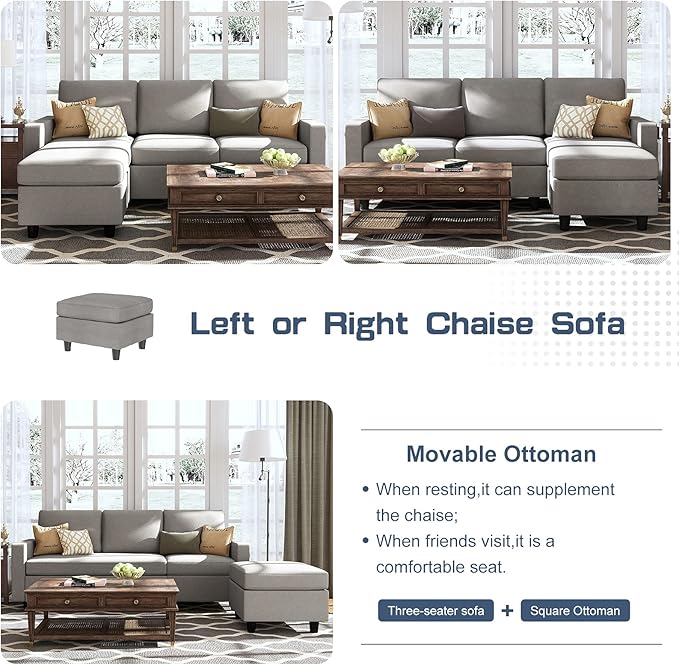 HONBAY Convertible Sectional Sofa, L Shaped Couch with Linen Fabric, Reversible Couch for Small Space, Light Grey