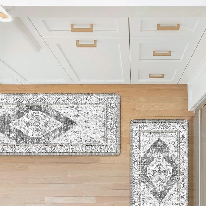 KIMODE Kitchen Rugs and Mats 2PCS Cushioned Anti Fatigue Kitchen Mat Non-Skid Waterproof Kitchen Runner Rug for Kitchen Decor,Floors,Office,Laundry,Grey