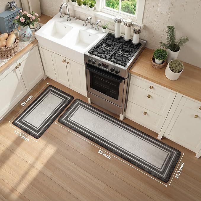 KIMODE Anti Fatigue Kitchen Mats,Non Slip Farmhouse Kitchen Rugs Sets 2 Piece,Waterproof Kitchen Mat for Floor,Cushioned Standing Mat for Office,Laundry,Sink,Desk,Black and Grey