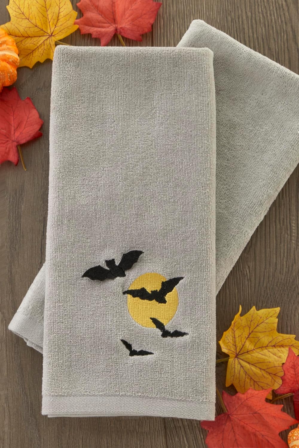 SKL Home Halloween Full Moon Flight 100% Cotton Embroidered 2pc Hand Towel Set, Decorative 3D for Bath/Kitchen/Bar & Gift, Gray