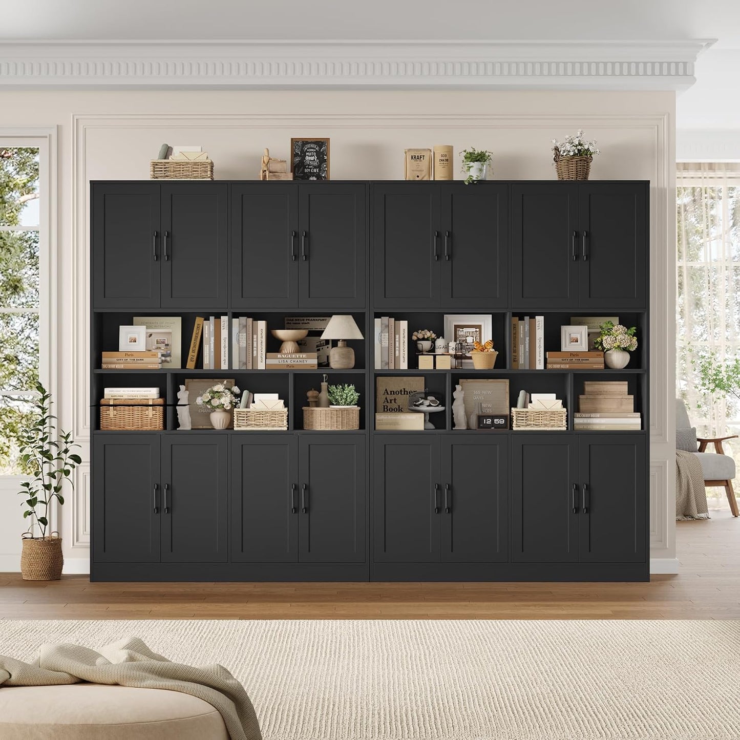 HORSTORS 71" Tall Storage Cabinet, Large Kitchen Cabinet with Deep Shelves and Doors, 47" Freestanding Display Shelf with Storage for Home Office, Living Room, Black