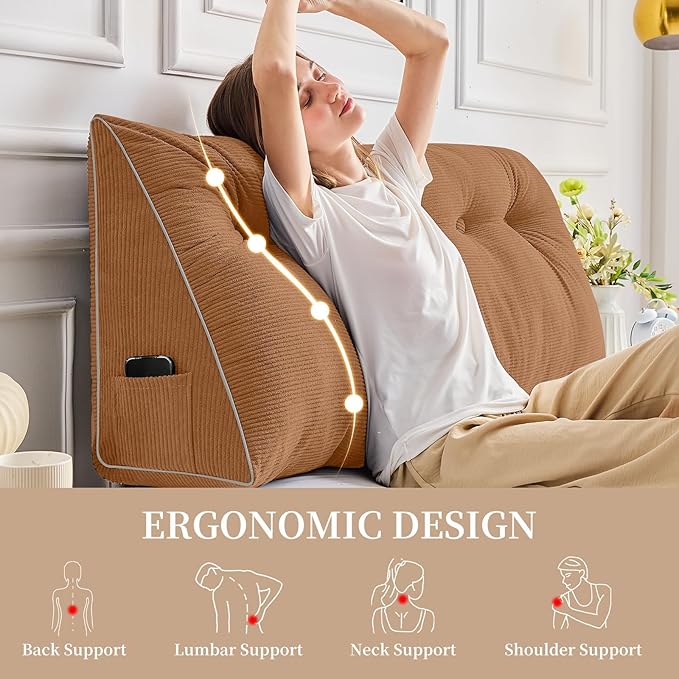 Sasttie Headboard Pillow Full, Wedge Pillow Headboard for Sitting Up in Bed, Back-Rest Support Triangular Cushion for Reading - Features Removable Washable Cover, Caramel
