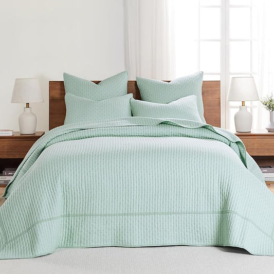 Levtex Home Cross Stitch Reversible Queen Bedspread Set (104x106in) with 2 Pillow Shams (26x20in) - Stitch Texture - Blue Haze - Cotton Queen Size Bedspread Set - Lightweight, Soft, Pre-Washed