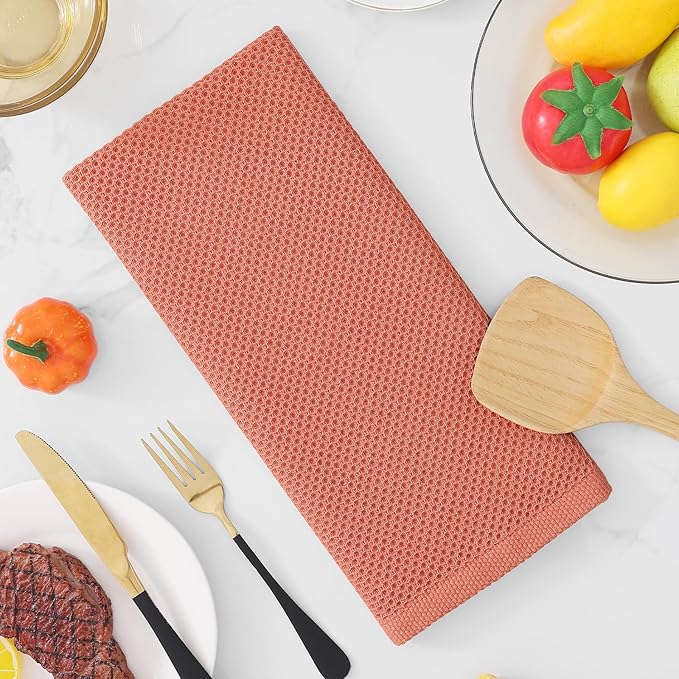 Homaxy 100% Cotton Waffle Weave Kitchen Dish Towels, Ultra Soft Absorbent Quick Drying Cleaning Towel, 13 x 28 Inches, 4-Pack, Coral