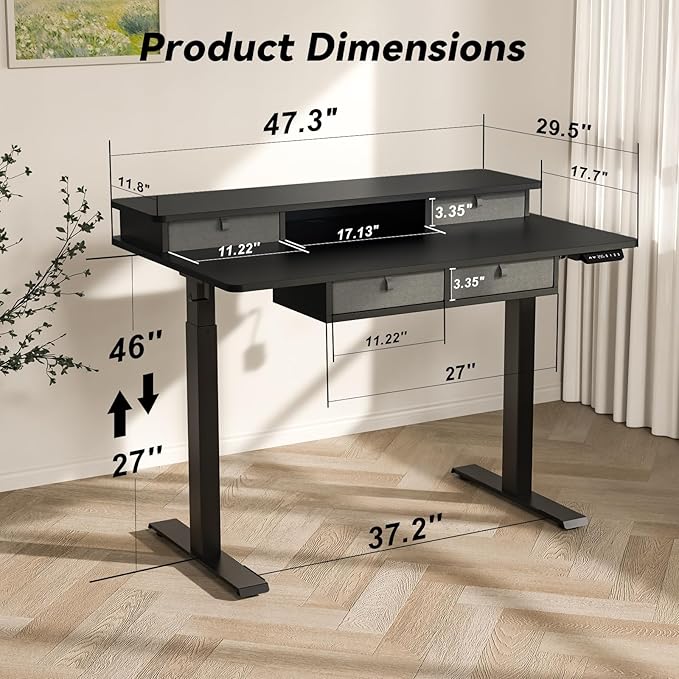 Adjustable Height Standing Desk with 4 Drawers,48 x 30 inches Electric Sit Stand Desk for Home Office,3 Memory Presets,Monitor Stand Riser,USB A/C Charging Port