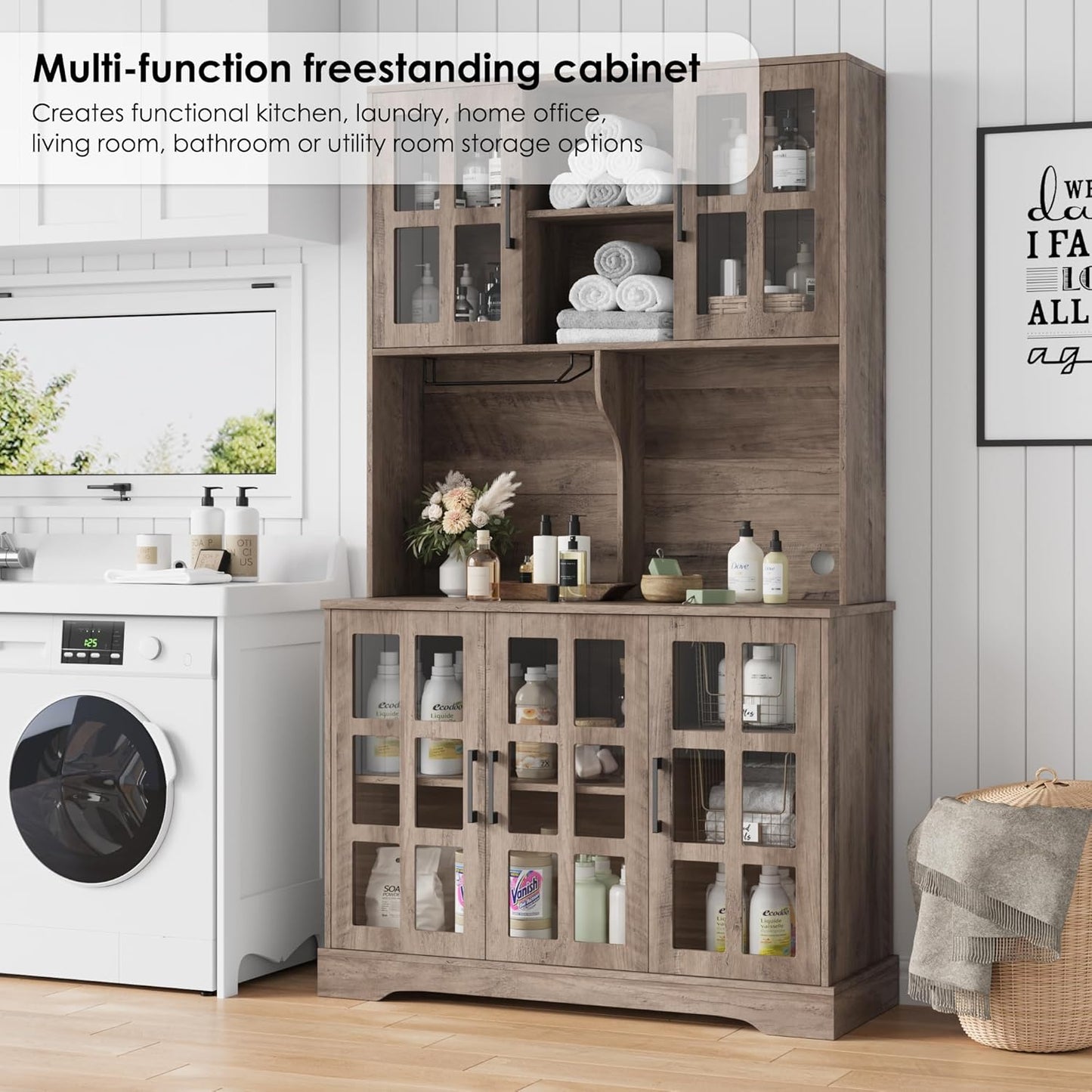 Keyluv Kitchen Pantry Storage Cabinet 71" Tall Freestanding Pantry Cabinet, Farmhouse Glass Door Buffet with Oven Countertop, Large Wood Hutch for Kitchen, Living Room and Dining Room, Rustic