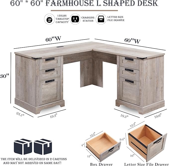 RedLemon 60" Farmhouse L Shaped Executive Desk with Drawers, Wood Home Office Corner Desk with Charging Station, File Drawer, Storage Cabinet, Rustic Computer Writing Desk (Light Rustic Oak)