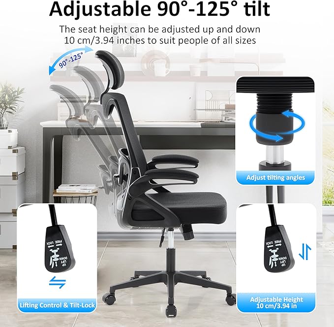 Fizzin Ergonomic Office Chair,Ergonomic Desk Chair with Headrest Mesh Computer Chair with High Back Adjustable Lumbar Support, Rolling Swivel Chairs with Wheel Armrests for Home Office,Black