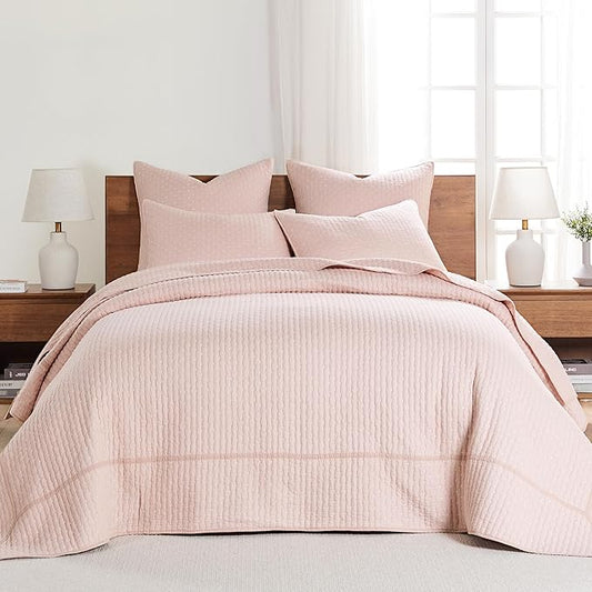 Levtex Home Cross Stitch Reversible Queen Bedspread Set (104x106in) with 2 Pillow Shams (26x20in) - Stitch Texture - Blush - Cotton Queen Size Bedspread Set - Lightweight, Soft, Pre-Washed
