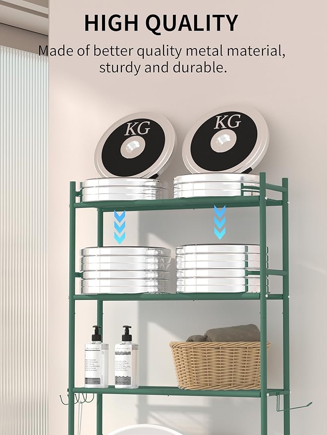 3 Tier Over The Toilet Storage Rack with 2 Basket, Metal Freestanding Bathroom Shelves Toilet with Paper Holder and 4 Hooks, Over Toilet Storage Shelf for Bathroom Storage, Green
