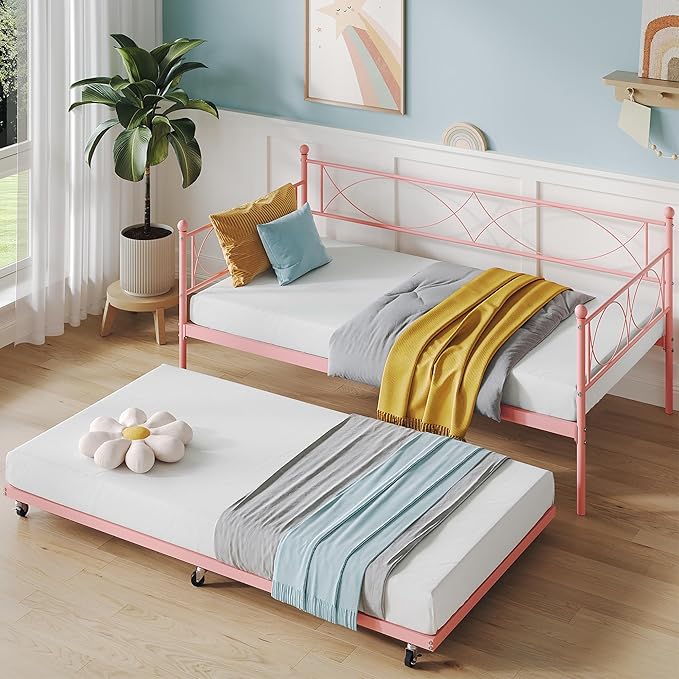 IDEALHOUSE Twin daybed with Trundle, Metal Twin Daybed and Trundle Set, Day Bed Sofa Bed Frame with Steel Slat Support, Multifunctional Daybed Frame for Bedroom (Modern - Pink)
