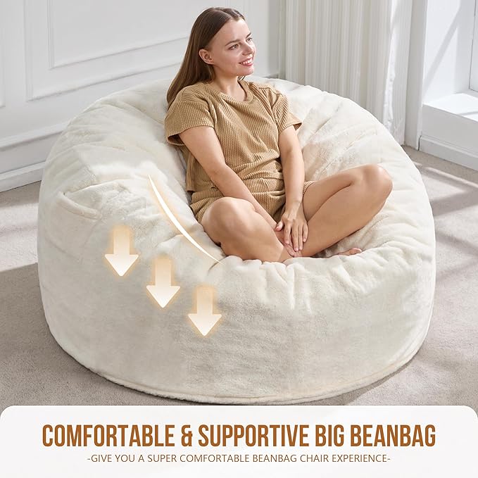 Hobestluk 5ft Bean Bag Chairs for Adults Large Beanbag Chair with Plush Faux Fur Cover Big Bean Bag Chair for Living Room Bedroom Dorm Office - White (50” x 50” x 24")