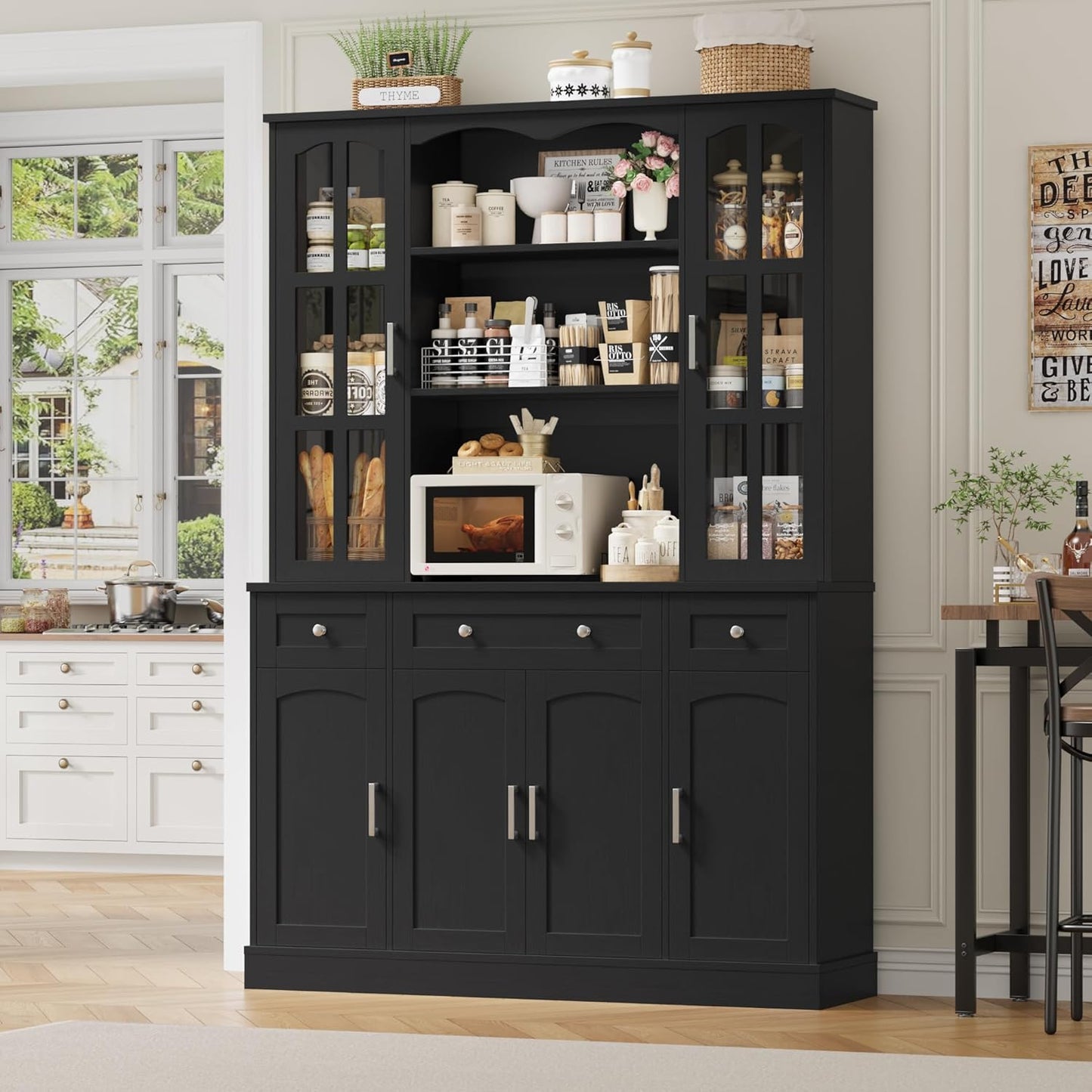 Keyluv 74.8" H Tall Pantry Cabinet with Microwave Stand and 3 Drawers, Large Kitchen Hutch Storage Cabinet with Glass Door and Adjustable Shelves for Kitchen, Dining Room, Living Room, Black