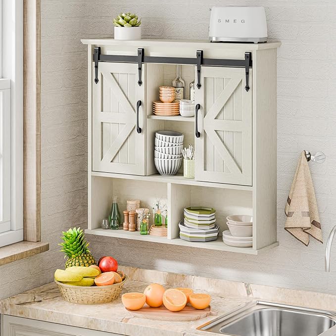 Vabches Bathroom Wall Cabinet, Farmhouse Medicine Cabinet with Double Sliding Barn Door and Adjustable Shelves, Wooden Vintage Storage Cabinet Wall Mounted for Bathroom, Kitchen Dining, White