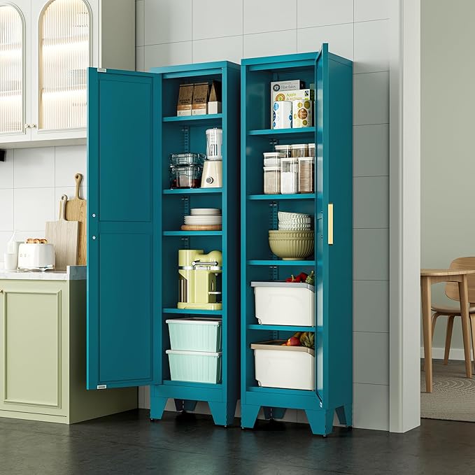67''Farmhouse Metal Storage Cabinet with Barn Doors,Steel File Cabinet for Home Office,Kitchen Pantry 4 Adjustable Shelves,Freestanding Cupboard for Kitchen,HomeOffice (Peacock Blue)