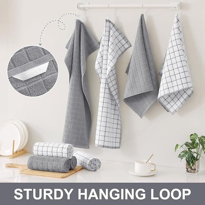 Homaxy Premium Cotton kitchen towels 16"x 28", Large Natural Ring Spun 390 GSM Dish Towels, Super Absorbent Terry Kitchen Hand Towels, Soft Tea Towel with Hanging Loop, Light Grey Check Design, 8 Pack