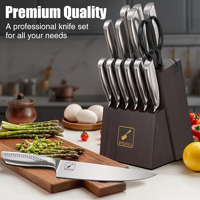imarku Knife Set, 15-Pieces HC Stainless Steel Kitchen Knife Set With Built in Knife Sharpener, Razor-Sharp Blade Knife Block Set With Non-Slip Handle, Dishwasher Safe, Best Birthday Gifts