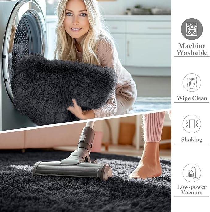 OLANLY Area Rugs for Living Room Bedroom, Machine Washable 4x5.9 ft Soft Fluffy Shaggy Bedside Rug, Indoor Floor Carpet for Kids Girls and Boys, Dorms, Nursery Rooms, Home Decor Aesthetic, Black