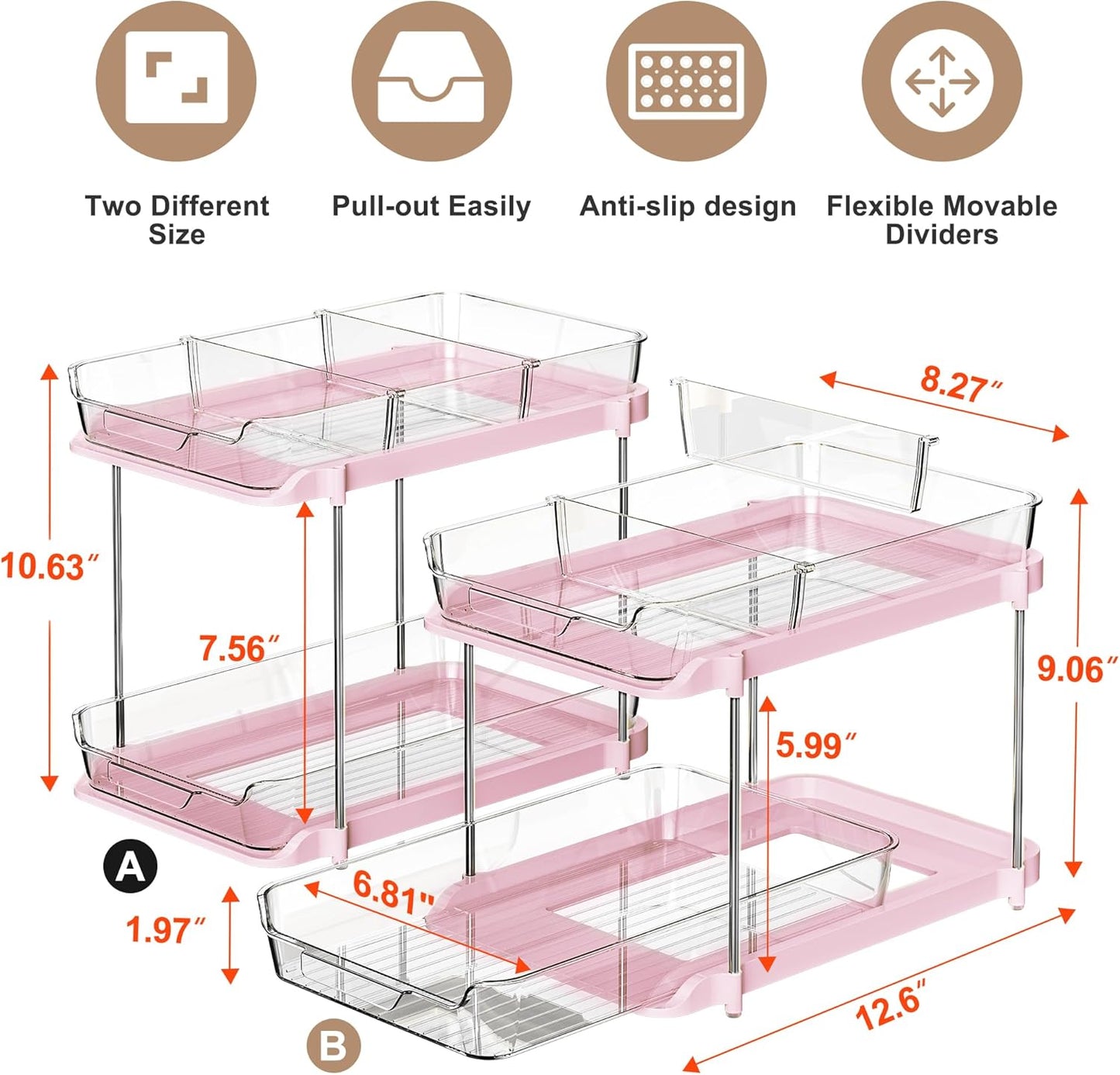 Delamu 2 Sets of 2-Tier Multi-Purpose Bathroom Under Sink Organizers and Storage, Stackable Kitchen Pantry Organization, Pull Out Medicine Cabinet Organizer with 8 Movable Dividers, Pink