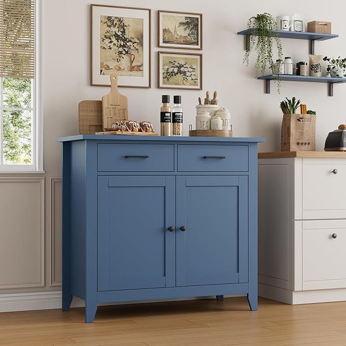 HORSTORS Kitchen Storage Cabinet, Modern Farmhouse Buffet Cabinet with Storage, Coffee Bar with 2 Drawers and 2 Doors, Floor Sideboard Buffet for Living Room, Dining Room, Bathroom, Blue