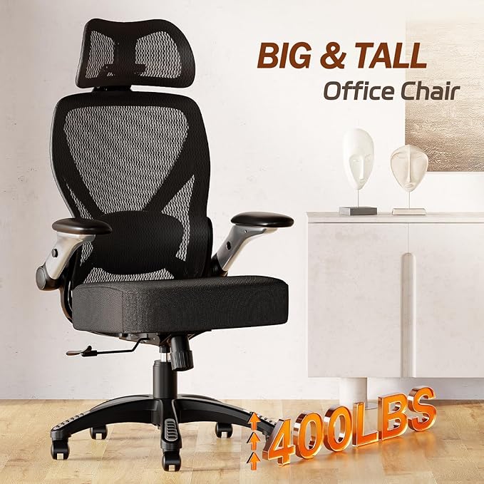 GABRYLLY Ergonomic Office Chair, Big and Tall Computer Desk Chair - 5D Folding Arms, 135° Tilt, Large & Thick Foam Seat, Adjustable Lumbar Support, 3D Functional Headrest, Heavy Duty Home Mesh Chair