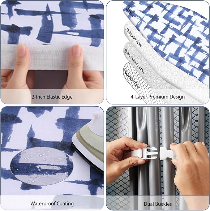 Ironing Board Cover and pad - 15 x 54 Thick Padding 4 Layers with 2" Elastic, Stain Resistant & Durable Scorch, 2 Click Buckles for Smooth Iron/Easy Installation in Laundry Room, Blue Brushstrokes