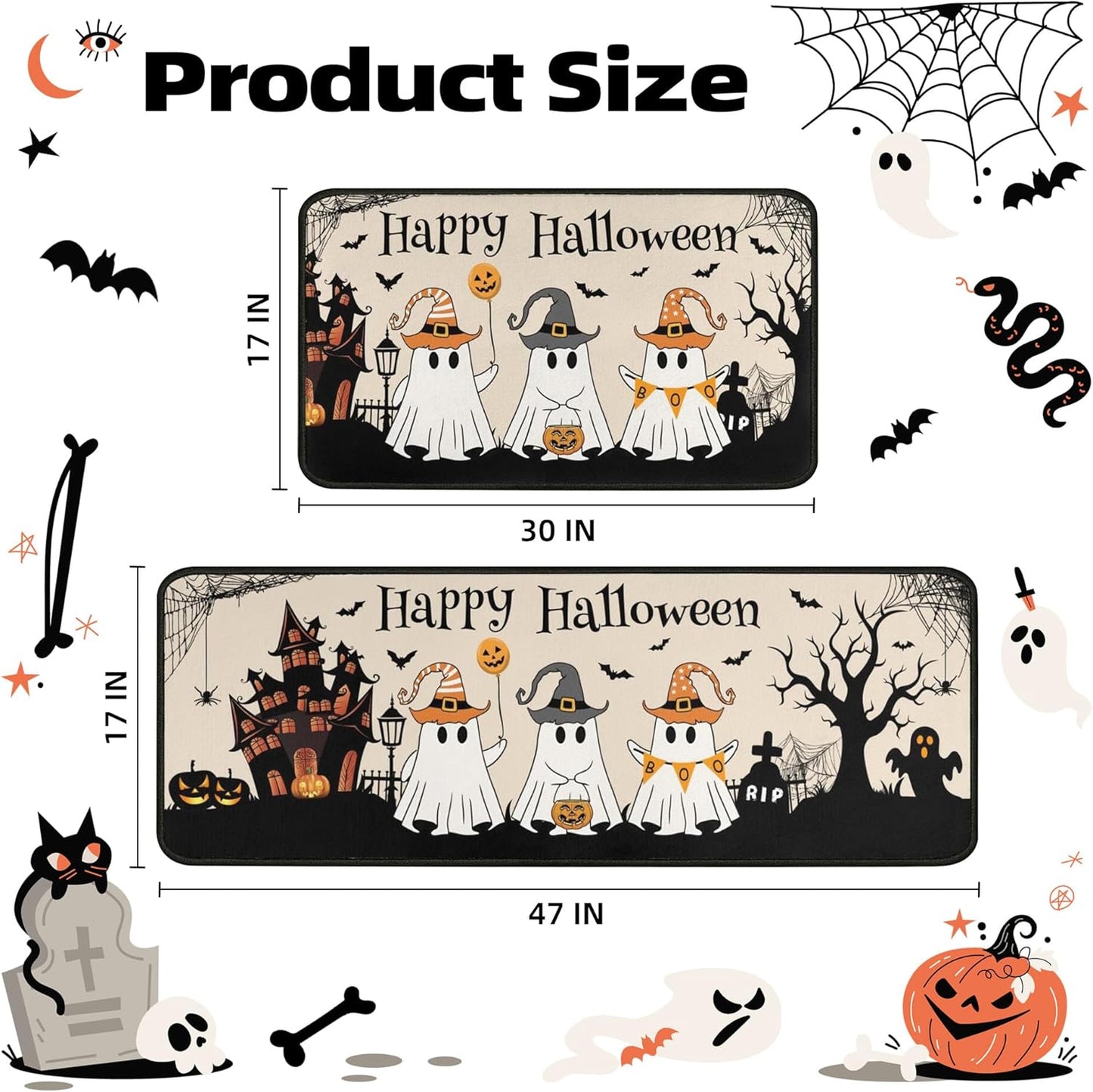 2 Piece Halloween Kitchen Decor Rugs Set,Cute Ghost Kitchen Rugs and Mats Non Skid Washable Absorbent Kitchen Accessories Decoration Floor Mats 17"x47"+17"x30"